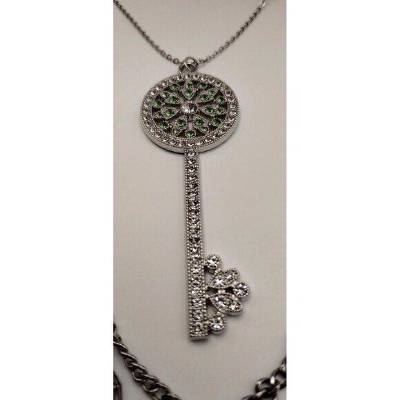 Green Crystal Key Necklace Triple Chain Bottom Into One Faceted Crystal Layered - Picture 8 of 12